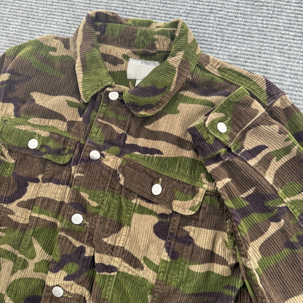 ASOS Mens Large Green Brown Camo Corduroy Trucker Jacket Camouflage